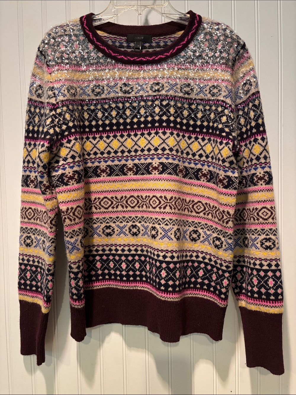 J Crew Women's Multicolor Fair Isle Sequin Wool Blend Sweater - Burgundy Sz M